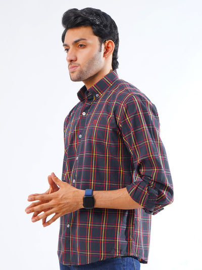 Navy & Red Check Button Down Casual Shirt (CSC-256)