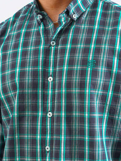 Navy & Green Check Button Down Casual Shirt (CSC-257)