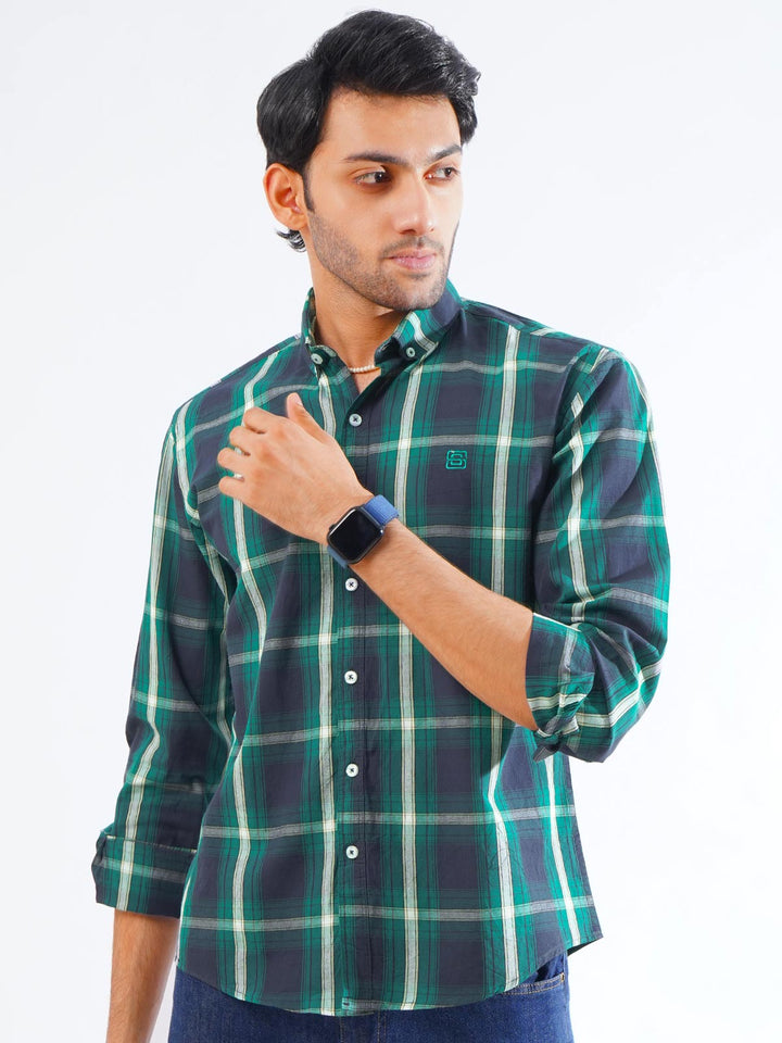 Navy & Green Check Button Down Casual Shirt (CSC-258)