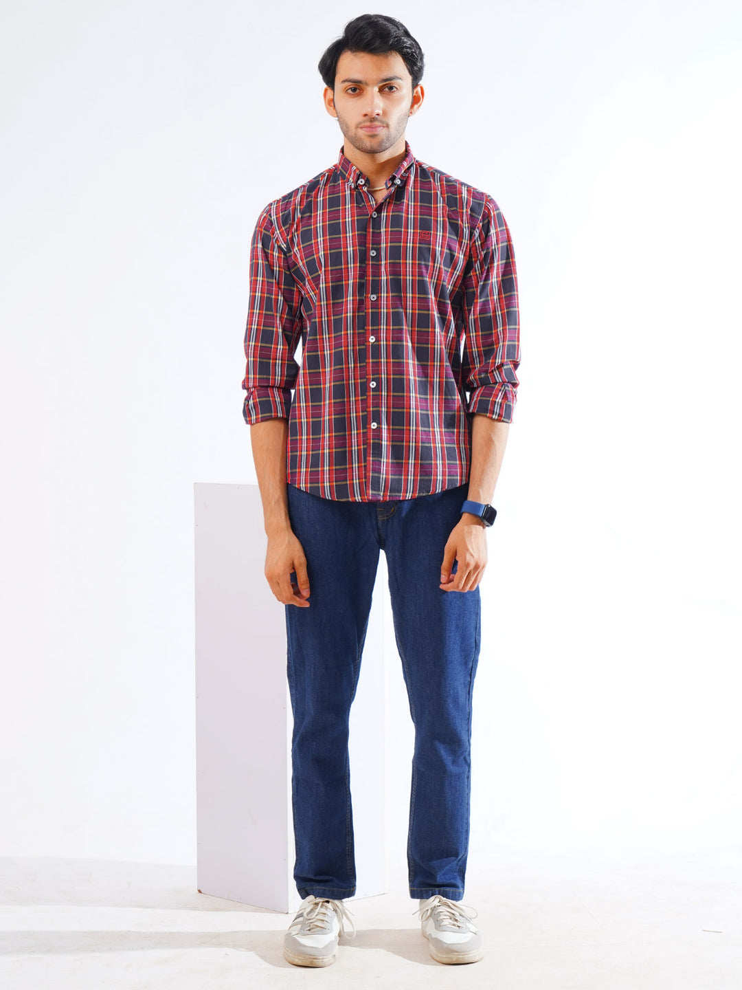 Navy & Red Check Button Down Casual Shirt (CSC-260)