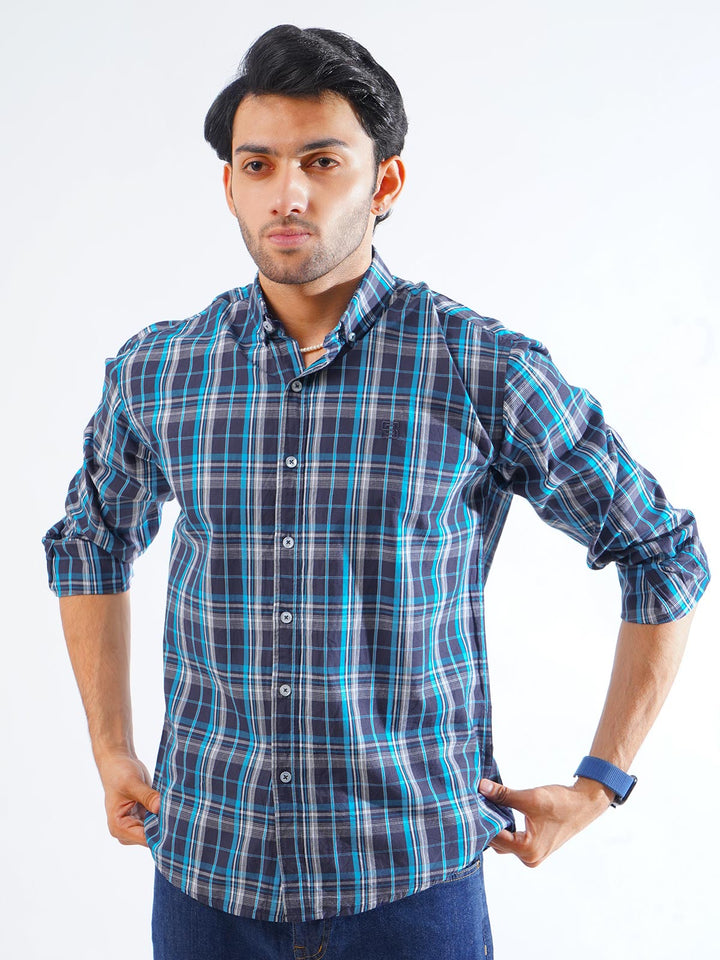 Sky Blue & Navy Check Button Down Casual Shirt (CSC-261)