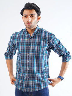 Sky Blue & Navy Check Button Down Casual Shirt (CSC-261)