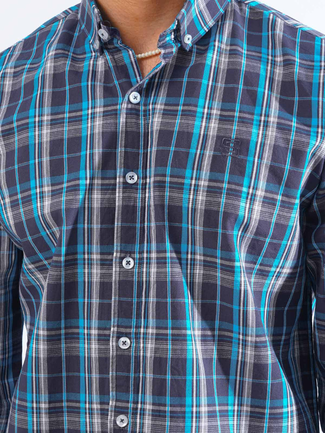 Sky Blue & Navy Check Button Down Casual Shirt (CSC-261)