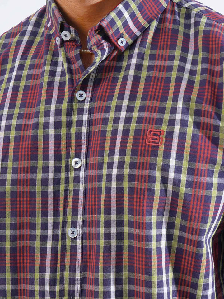 Navy & Red Check Button Down Casual Shirt (CSC-262)