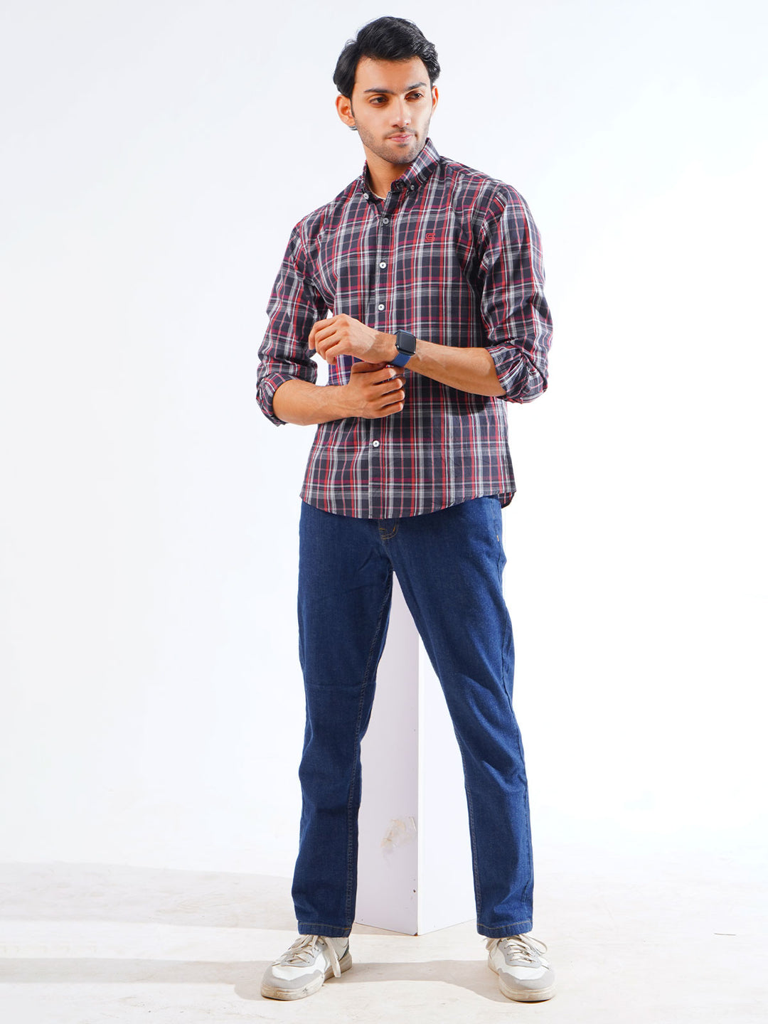 Navy & Red Check Button Down Casual Shirt (CSC-263)