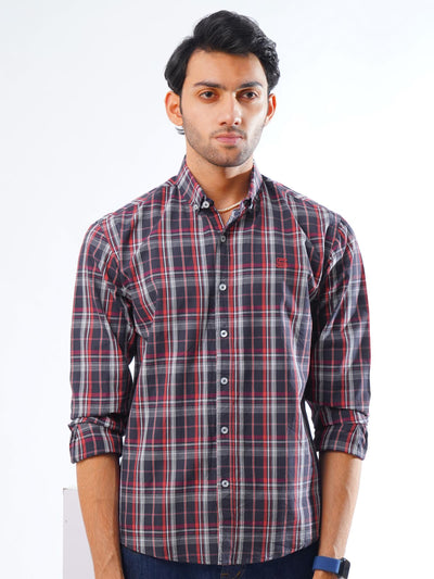 Navy & Red Check Button Down Casual Shirt (CSC-263)