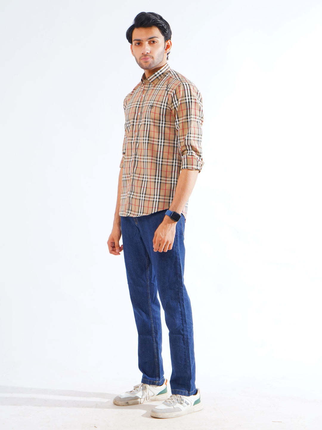 Beige & Black Check Button Down Casual Shirt (CSC-265)