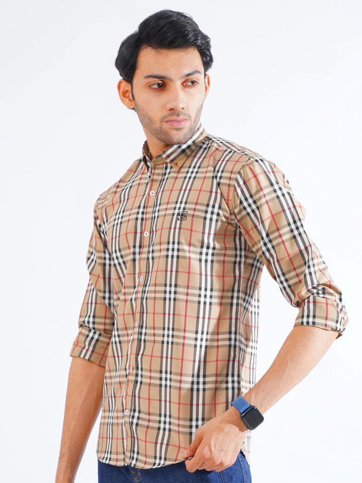 Beige & Black Check Button Down Casual Shirt (CSC-265)