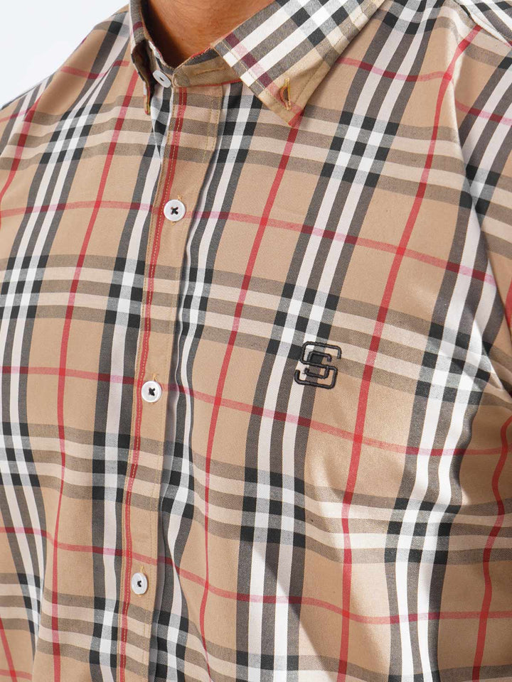 Beige & Black Check Button Down Casual Shirt (CSC-265)