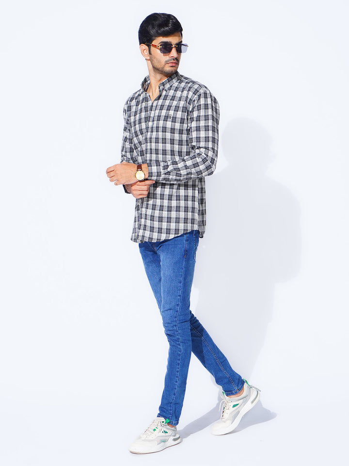 Navy Blue Check Button Down Casual Shirt (CSC-271)