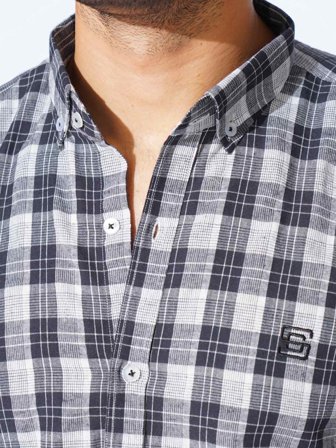 Navy Blue Check Button Down Casual Shirt (CSC-271)