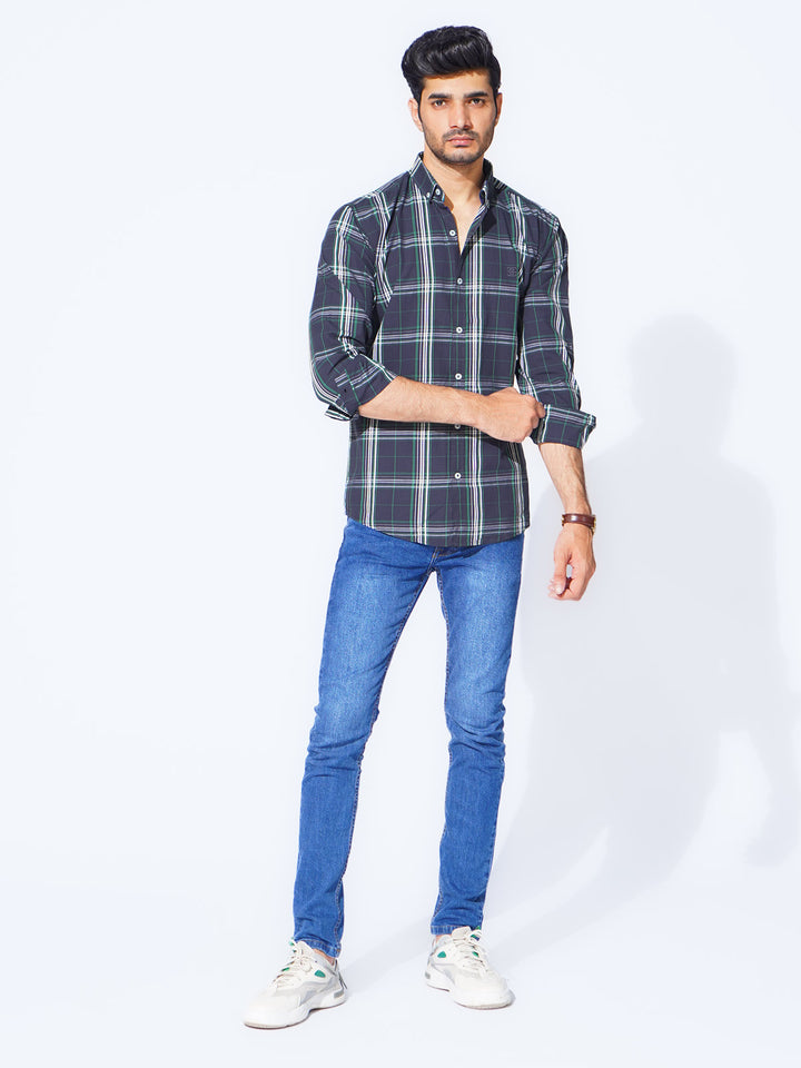 Navy Blue Check Button Down Casual Shirt (CSC-280)