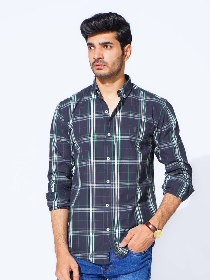 Navy Blue Check Button Down Casual Shirt (CSC-280)