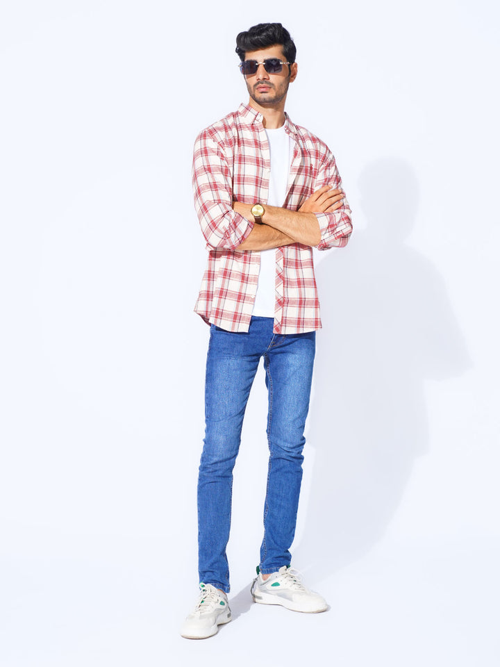 Dark Pink Check Button Down Casual Shirt (CSC-284)