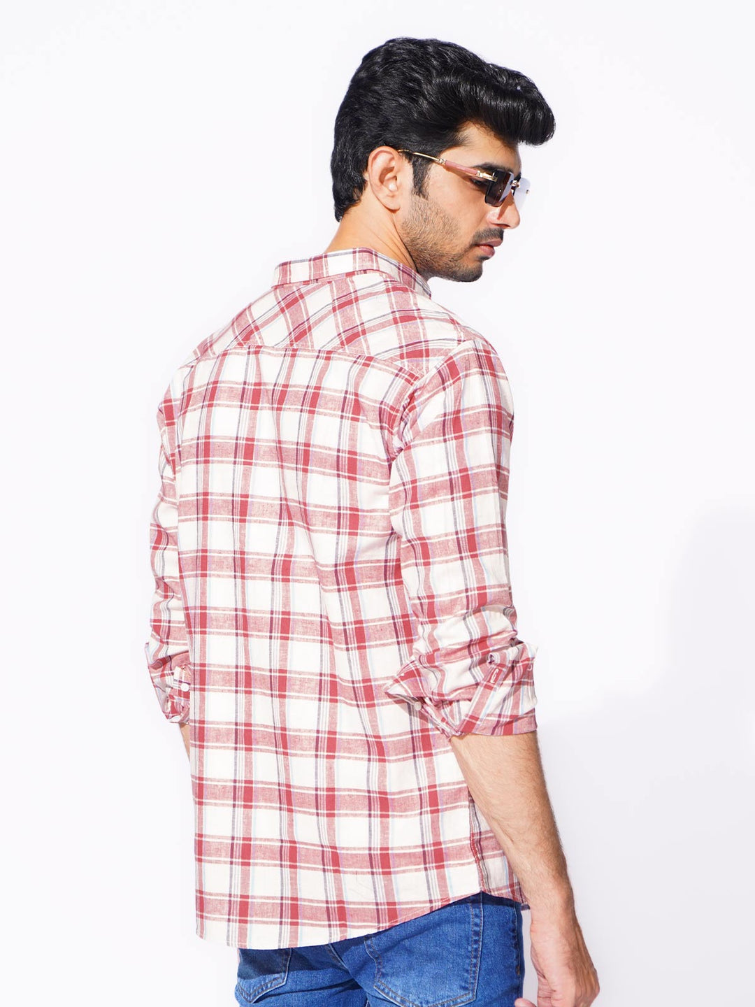 Dark Pink Check Button Down Casual Shirt (CSC-284)