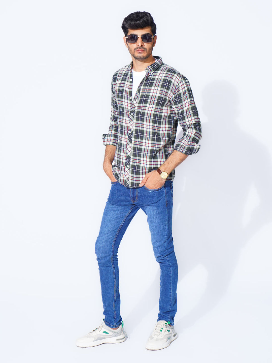 Green Check Button Down Casual Shirt (CSC-286)