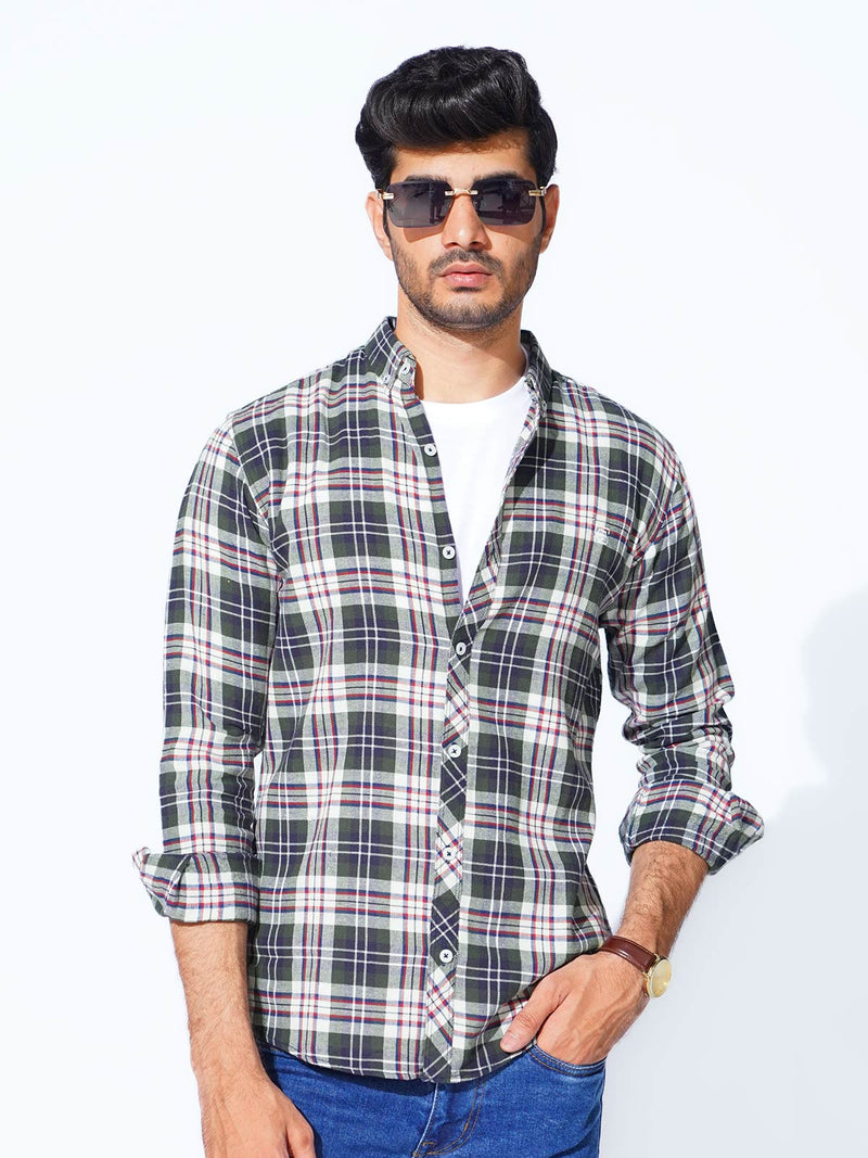 Green Check Button Down Casual Shirt (CSC-286)