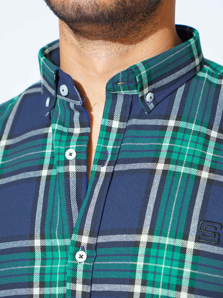 Blue & Green Check Button Down Casual Shirt (CSC-290)