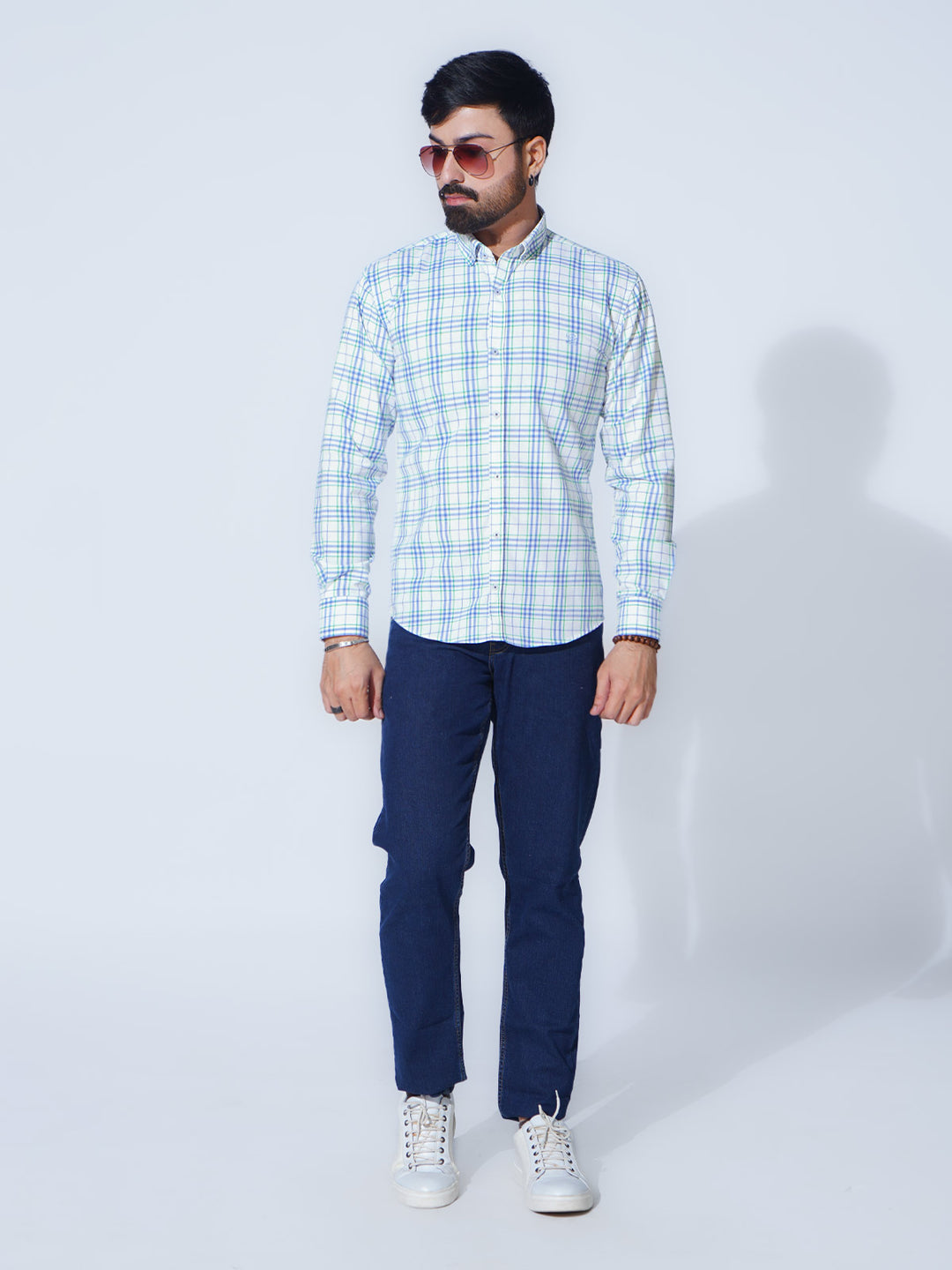 White & Blue Check Button Down Casual Shirt (CSC-292)