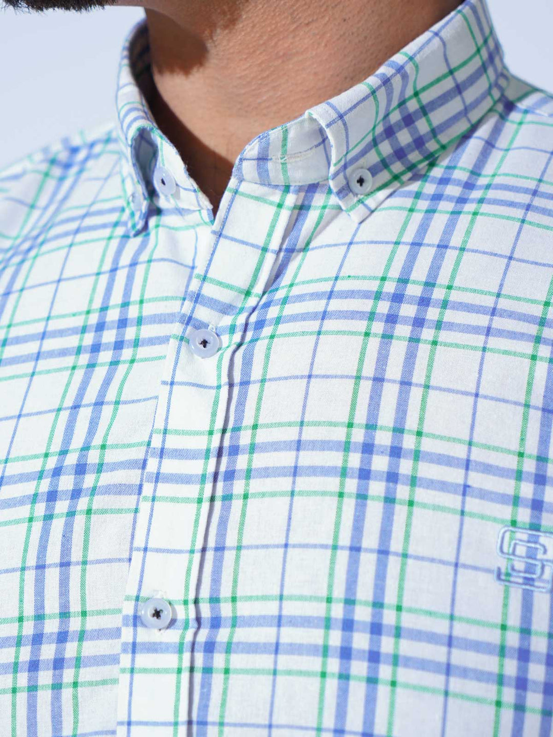 White & Blue Check Button Down Casual Shirt (CSC-292)