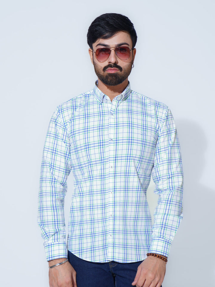 White & Blue Check Button Down Casual Shirt (CSC-292)