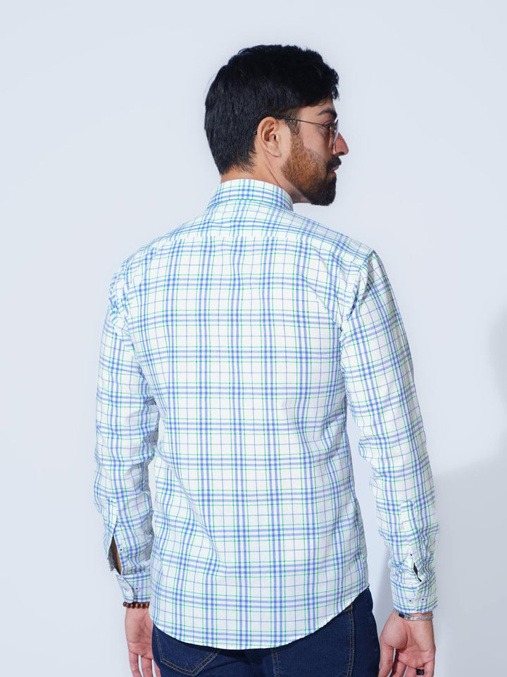 White & Blue Check Button Down Casual Shirt (CSC-292)