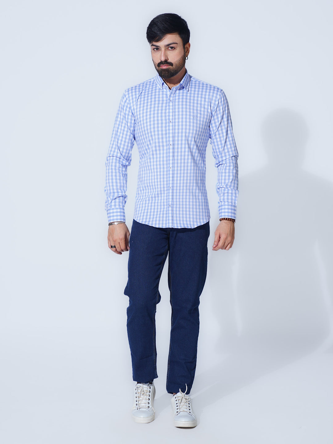 Blue & White Check Button Down Casual Shirt (CSC-293)