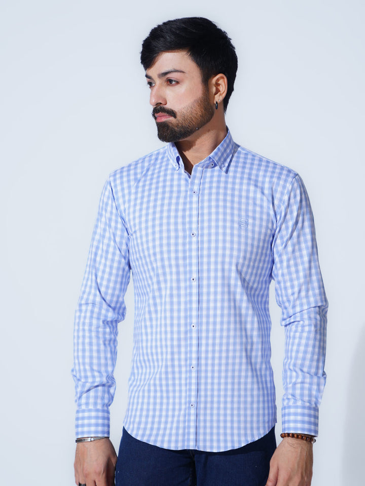 Blue & White Check Button Down Casual Shirt (CSC-293)