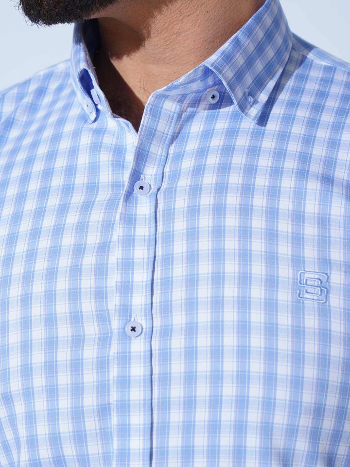 Blue & White Check Button Down Casual Shirt (CSC-293)