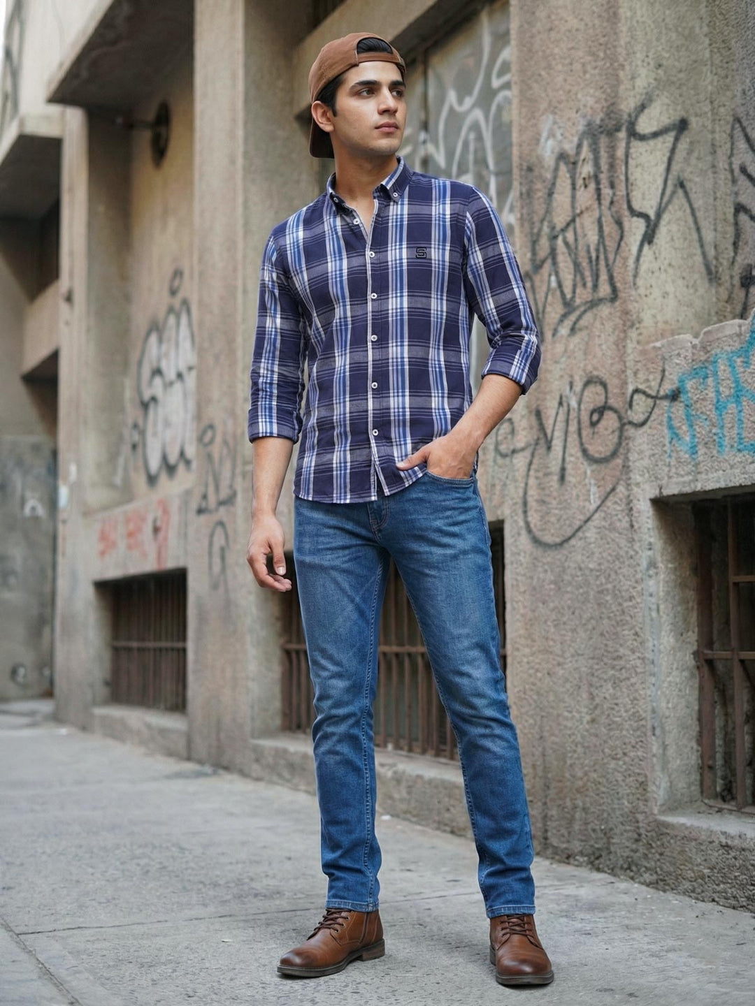 White & Blue Check Button Down Casual Shirt (CSC-398)