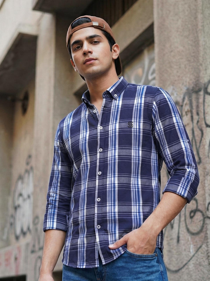 White & Blue Check Button Down Casual Shirt (CSC-398)