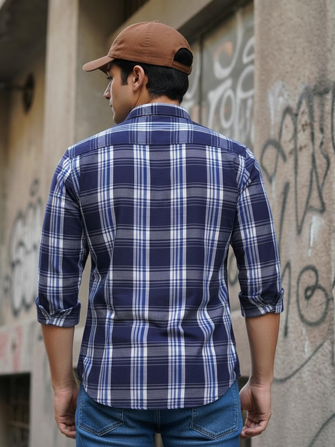 White & Blue Check Button Down Casual Shirt (CSC-398)
