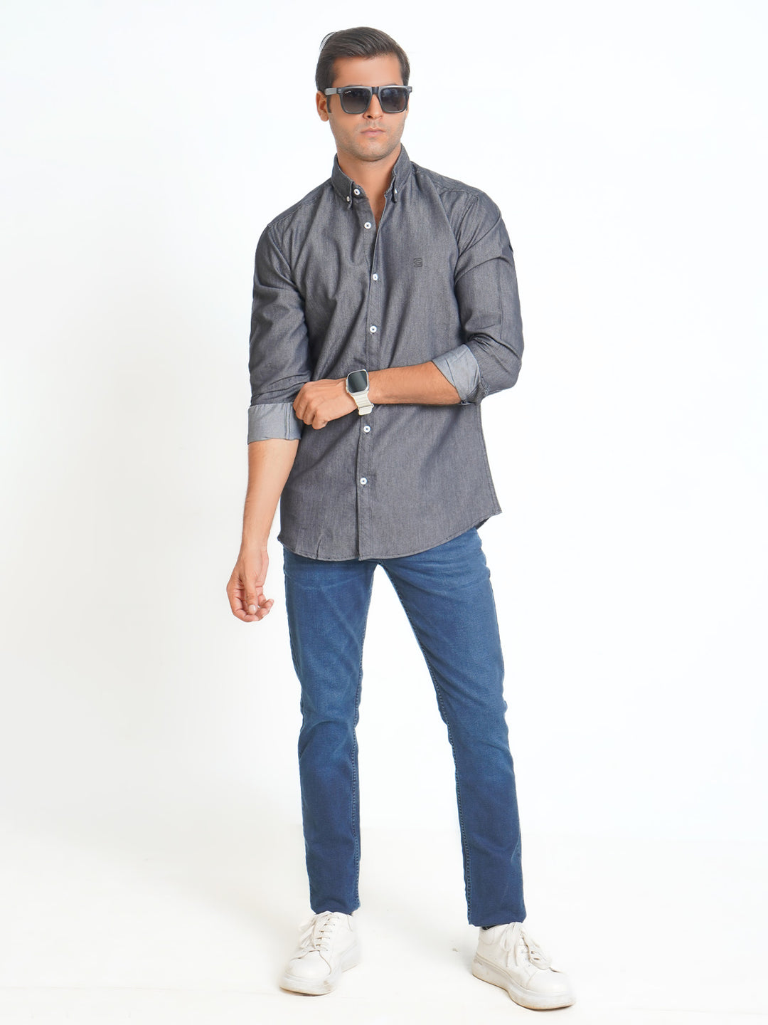 Charcoal Grey Button Down Denim Casual Shirt (CSD-017)