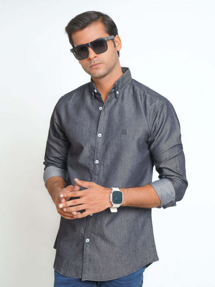 Charcoal Grey Button Down Denim Casual Shirt (CSD-017)