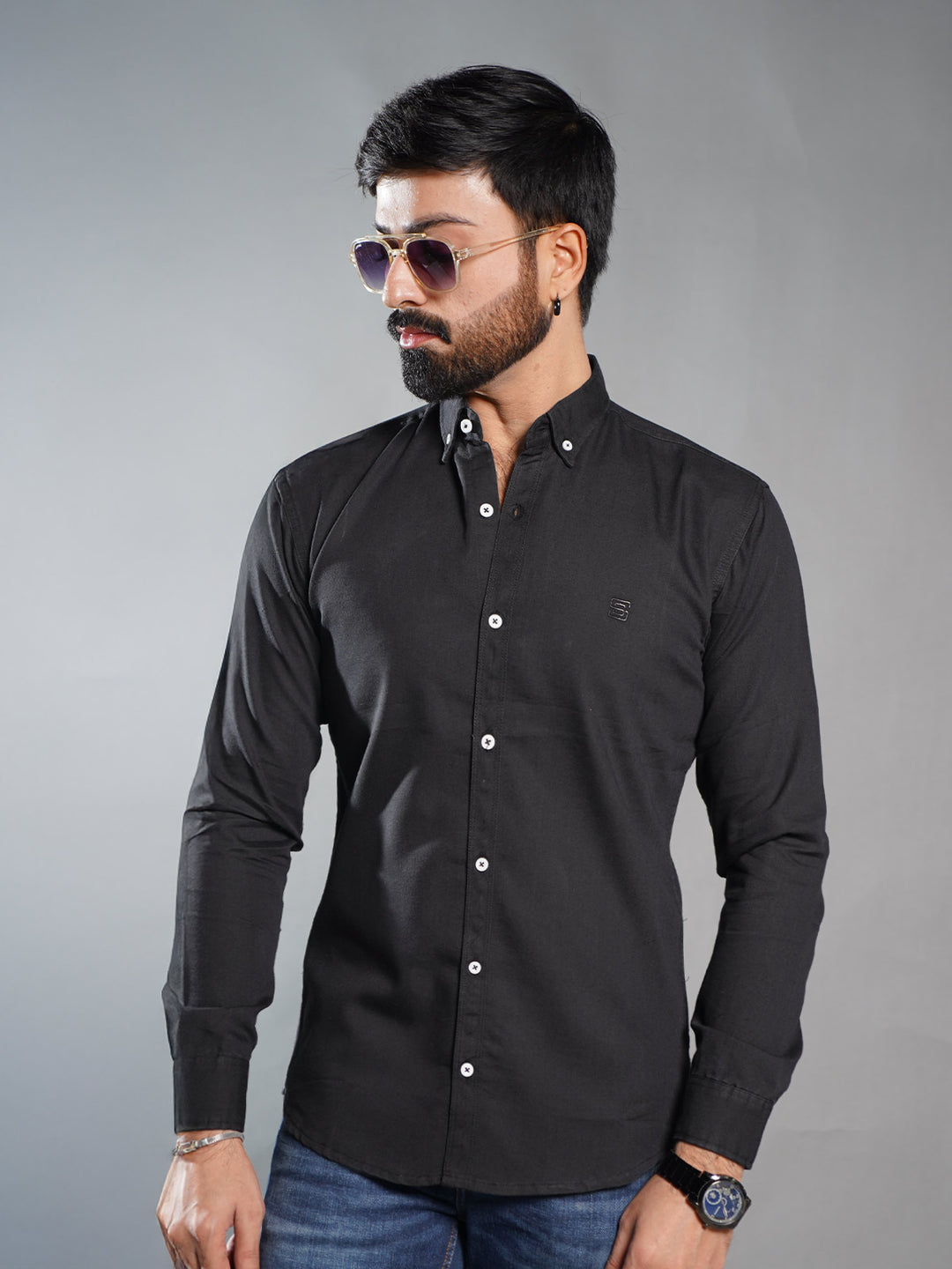 Black Button Down Denim Casual Shirt (CSD-030)