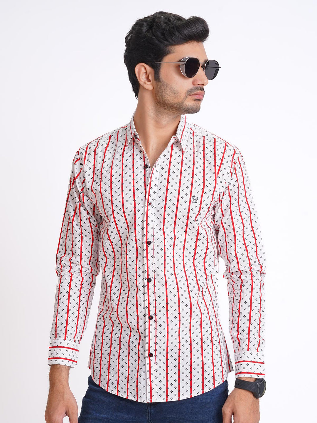 White & Red Designer Printed Casual Shirt (CSP-151)