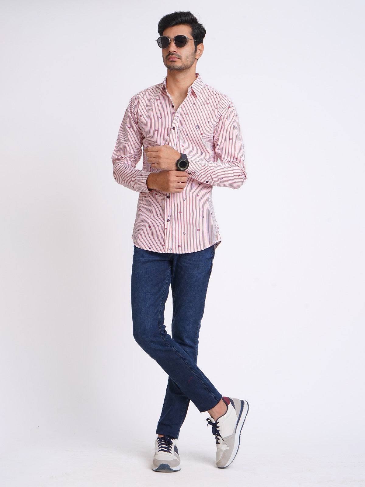 White & Red Lining Printed Casual Shirt (CSP-158)