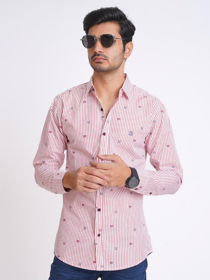 White & Red Lining Printed Casual Shirt (CSP-158)