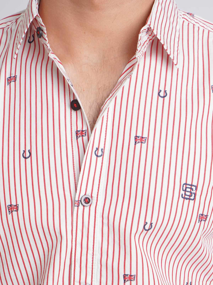 White & Red Lining Printed Casual Shirt (CSP-158)