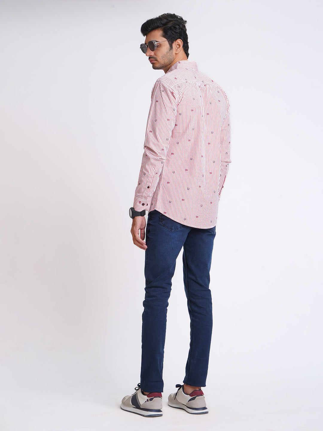 White & Red Lining Printed Casual Shirt (CSP-158)