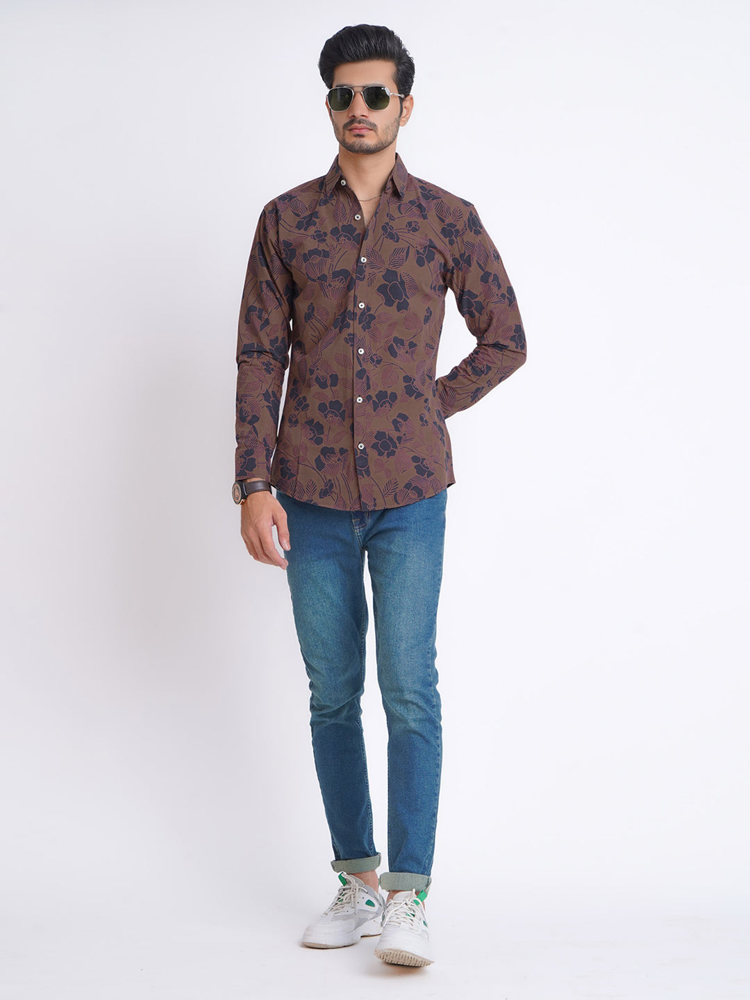 Brown & Navy Blue Flower Printed Casual Shirt (CSP-160)