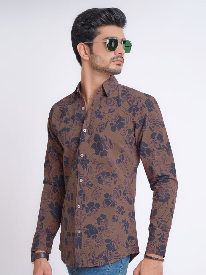 Brown & Navy Blue Flower Printed Casual Shirt (CSP-160)