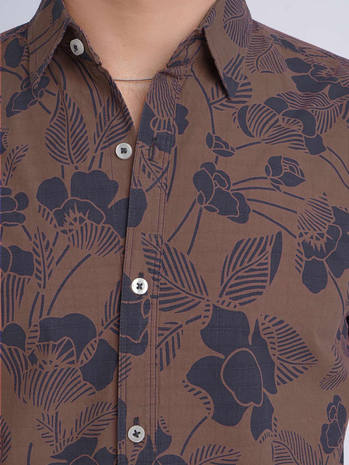 Brown & Navy Blue Flower Printed Casual Shirt (CSP-160)