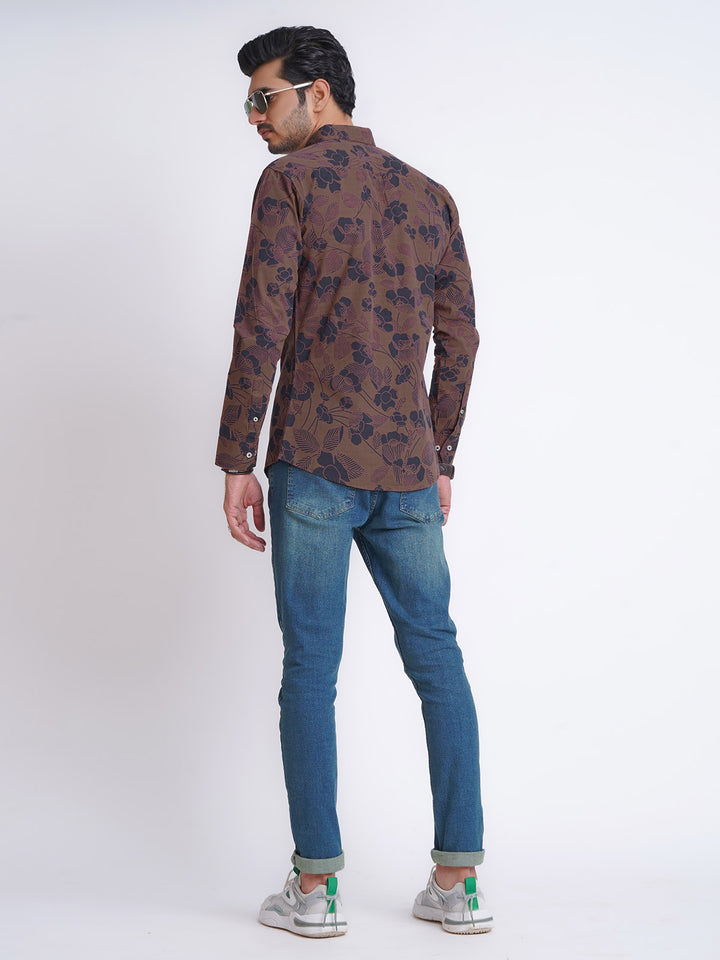 Brown & Navy Blue Flower Printed Casual Shirt (CSP-160)