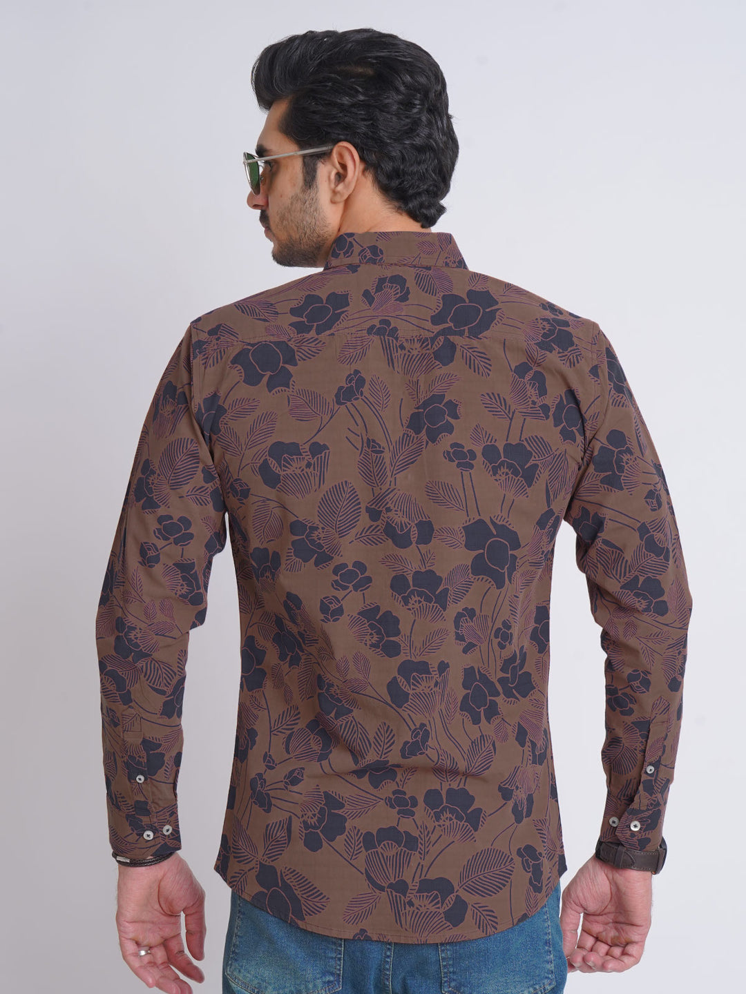 Brown & Navy Blue Flower Printed Casual Shirt (CSP-160)