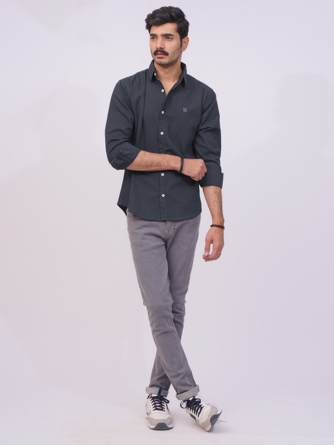 Navy Blue Self Button Down Casual Shirt  (CSB-181)