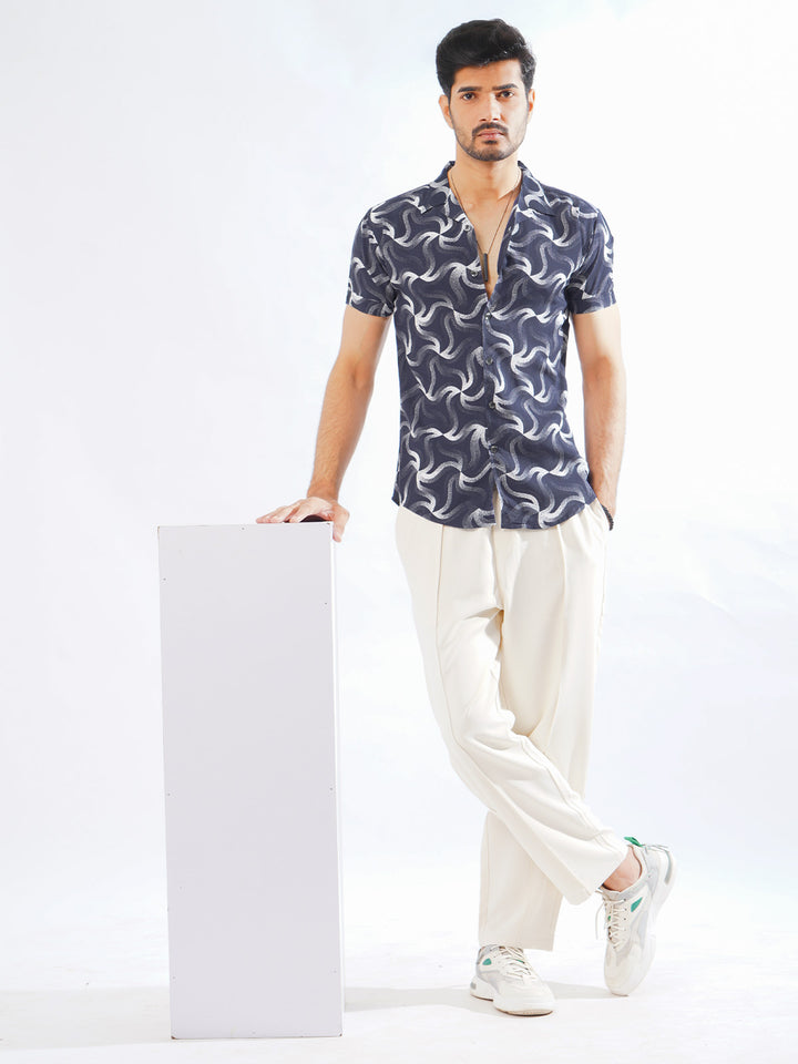 Dark Blue Designer Printed Half Sleeves Casual Shirt (CSP-275)