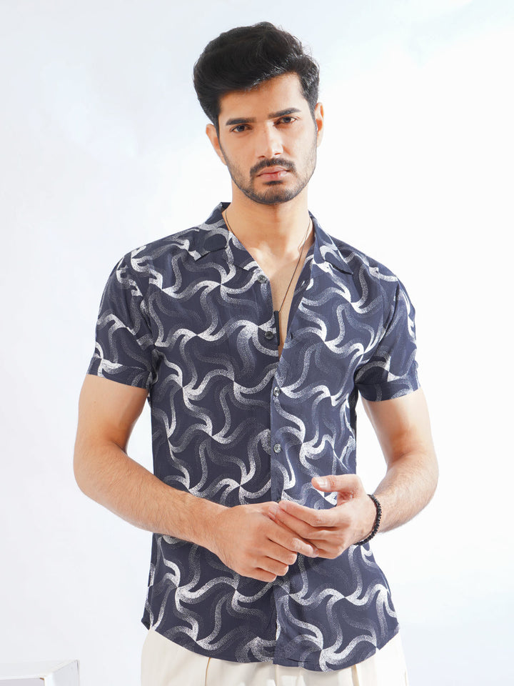 Dark Blue Designer Printed Half Sleeves Casual Shirt (CSP-275)