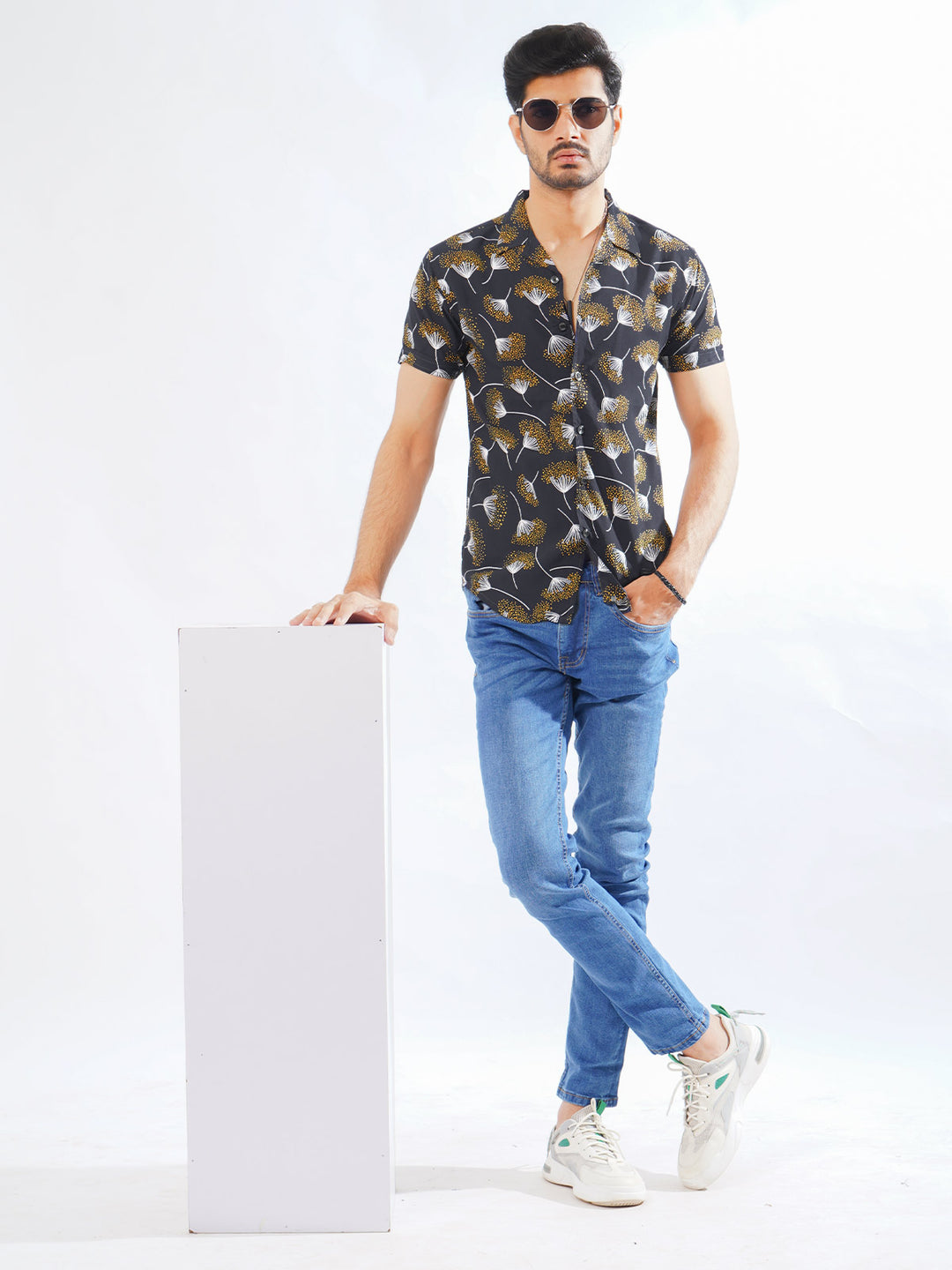 Dark Blue & Yellow Flower Printed Half Sleeves Casual Shirt (CSP-278)