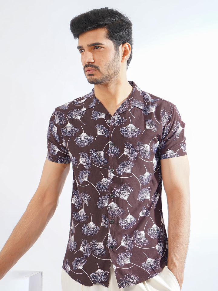 Brown & Blue Flower Printed Half Sleeves Casual Shirt (CSP-279)